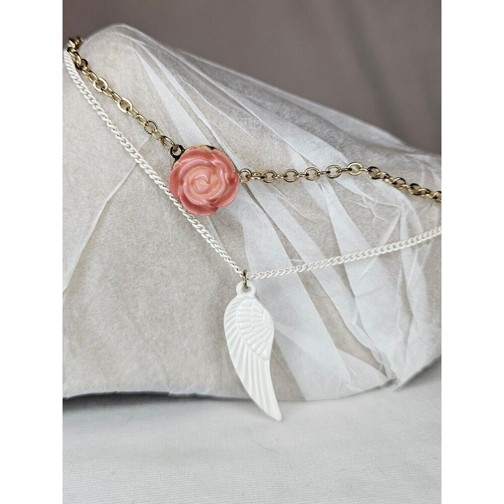Hannah NWT Pink Rose White Angel Wing Layered Anklet Ankle Bracelet 9-11"
